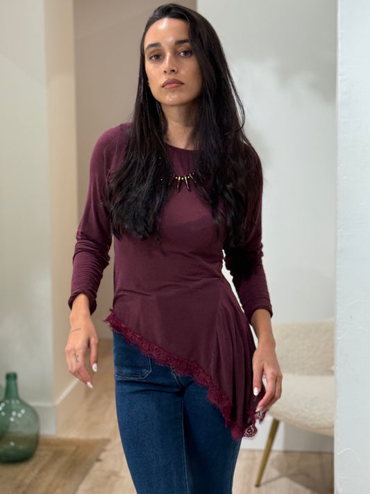 CAMISETA ENCAJE BURDEOS