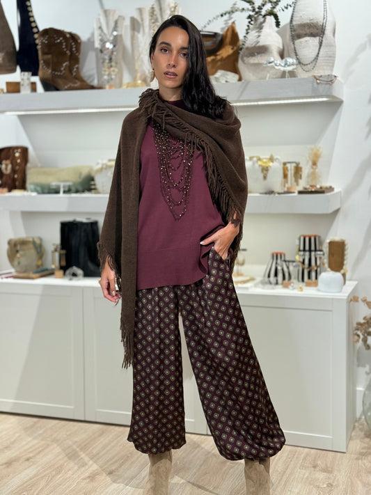 PANTALON SATINADO ESTAMPADO BURDEOS